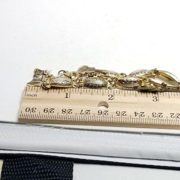 Vintage Black and Gold Tone Damascene Panel Charm Bracelet, Estate - Picture 5 of 6